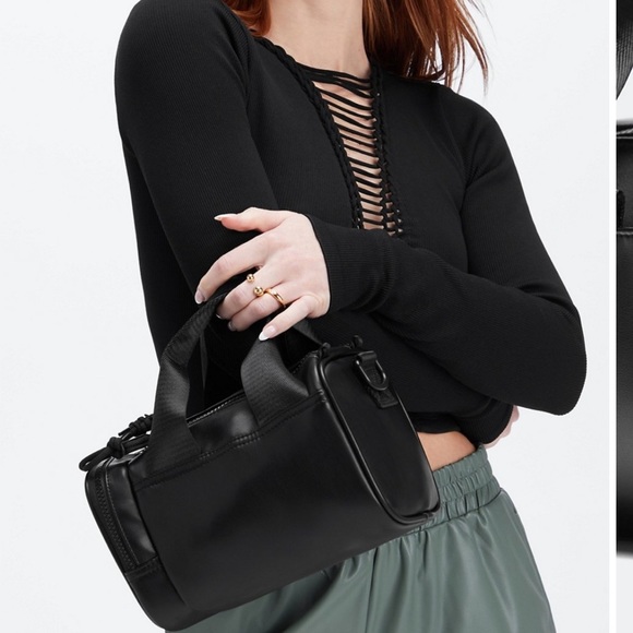 NWT Fabletics Black Vegan Leather Mini Duffle Bag Crossbody - Picture 2 of 5